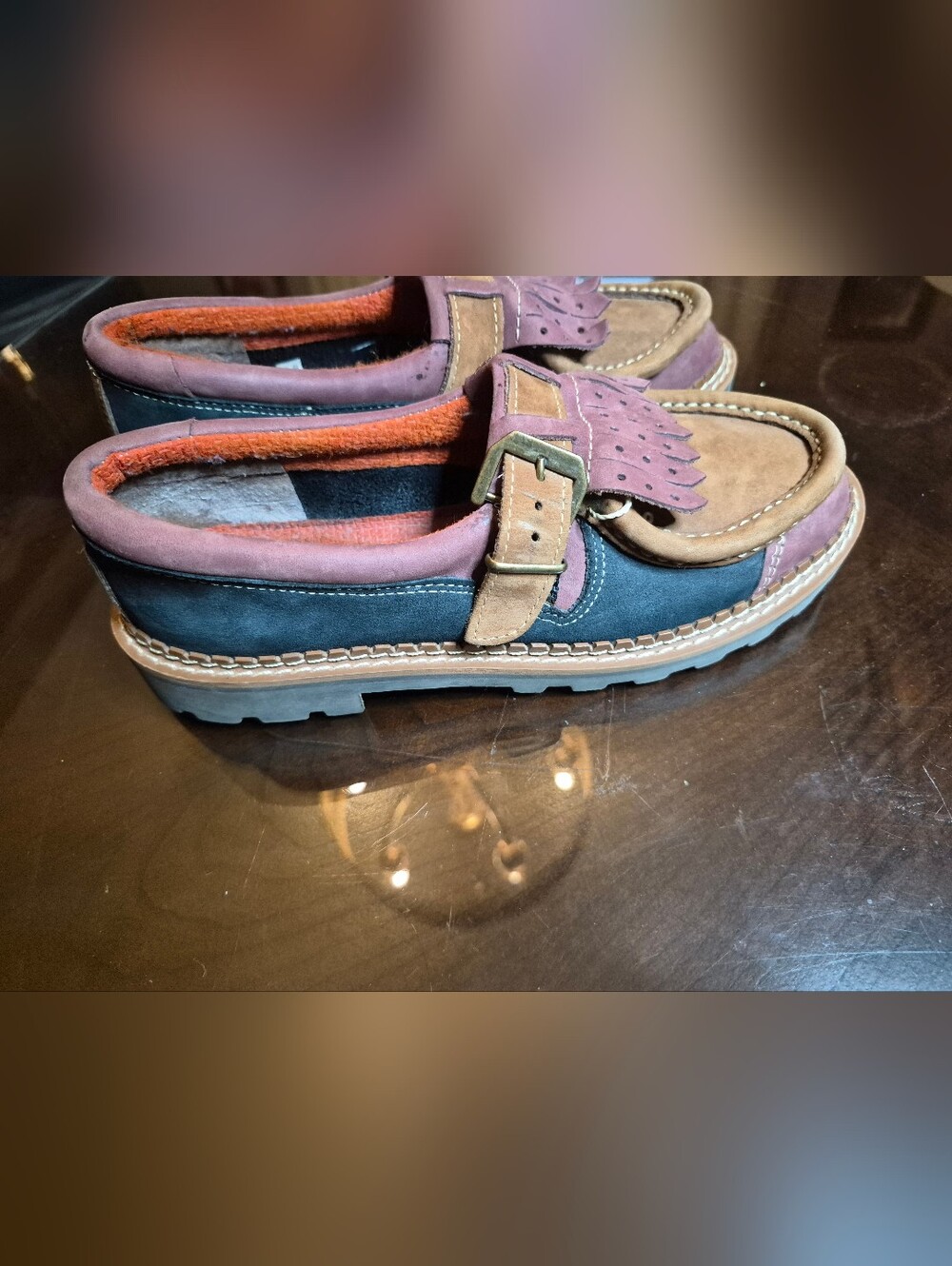 Women’s Two-Tone Leather Buckle Moccasin Loafers in Brown and Navy